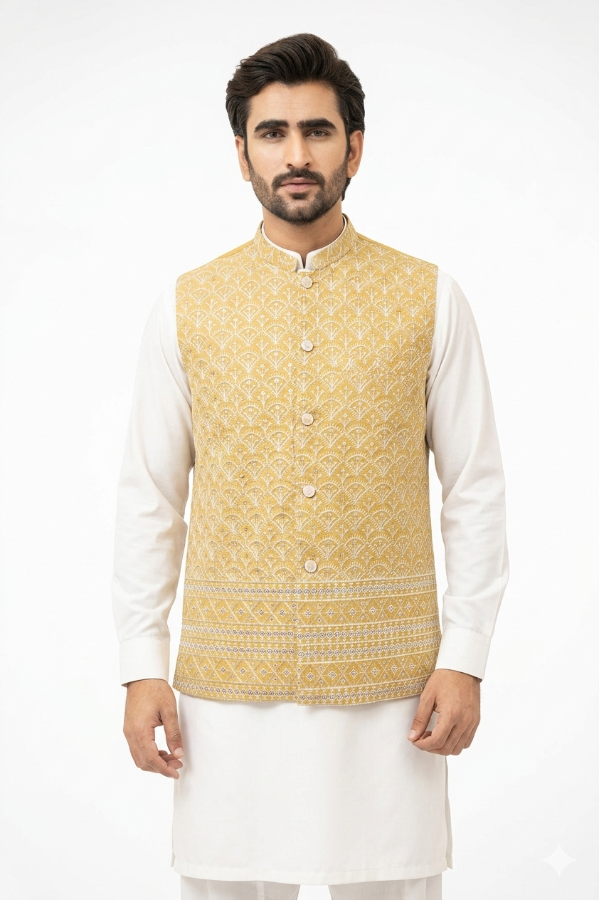 Light Mustard Yellow Sequins Waistcoat