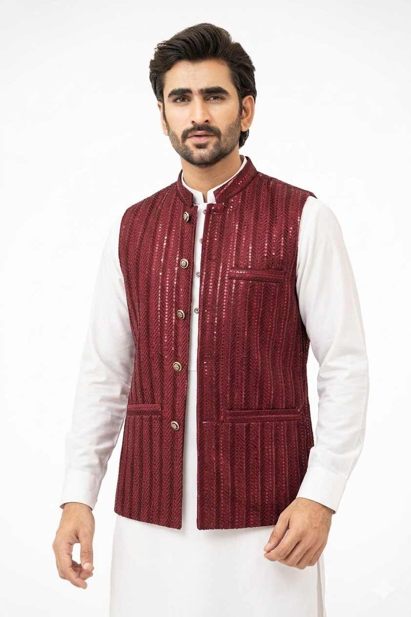 Red Maroon Sequins Waistcoat