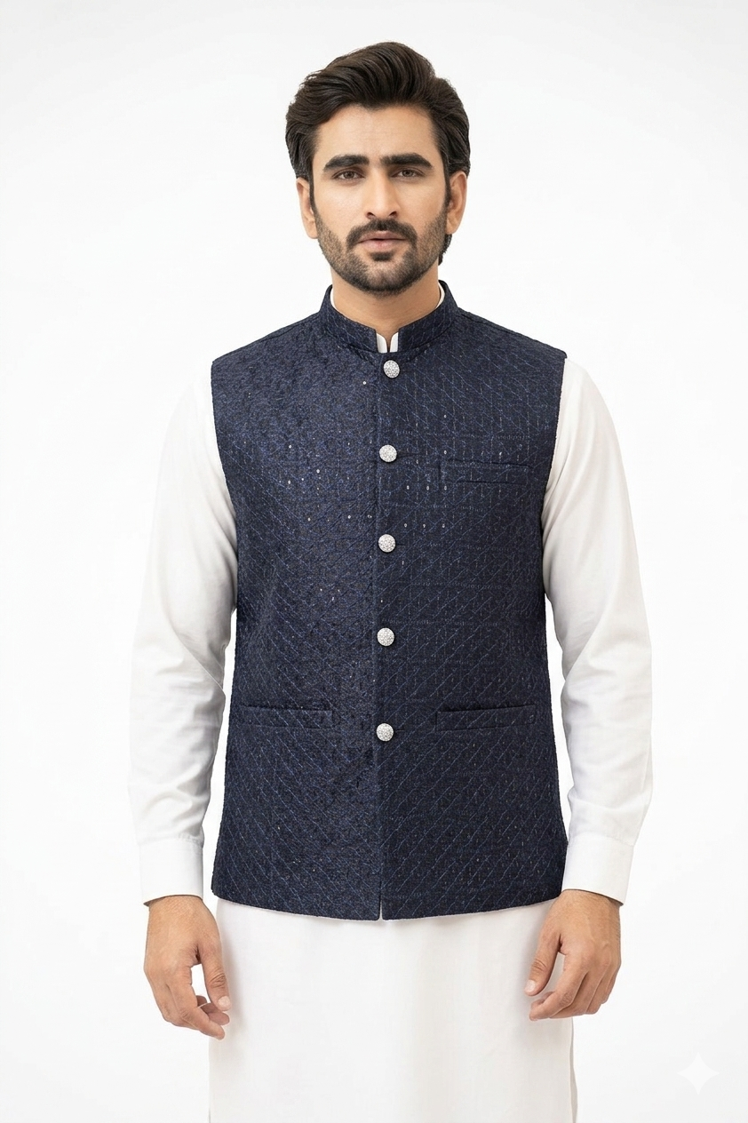 Navy Blue Sequins Waistcoat