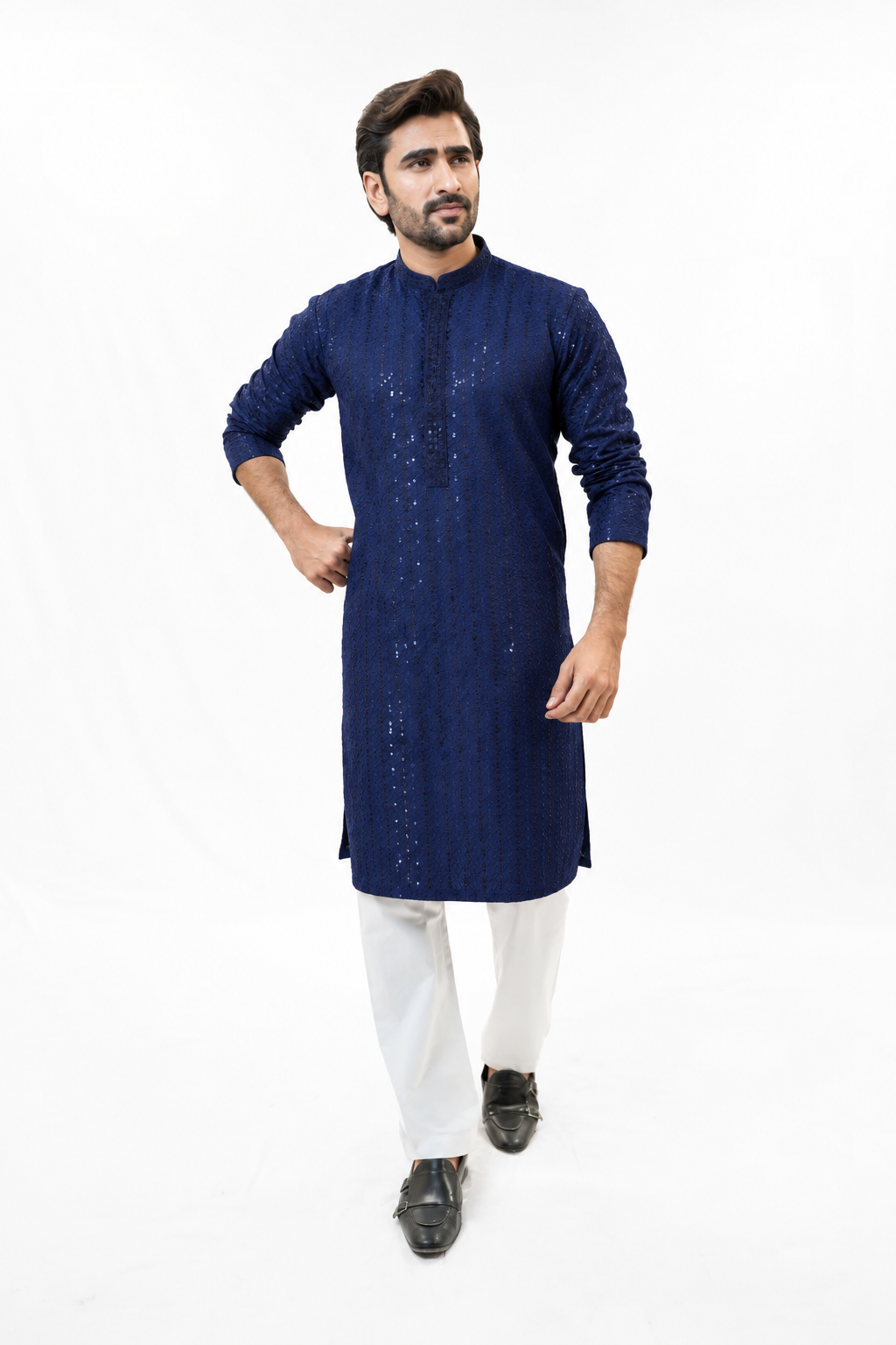 Navy Blue Sequins Kurta Pajama