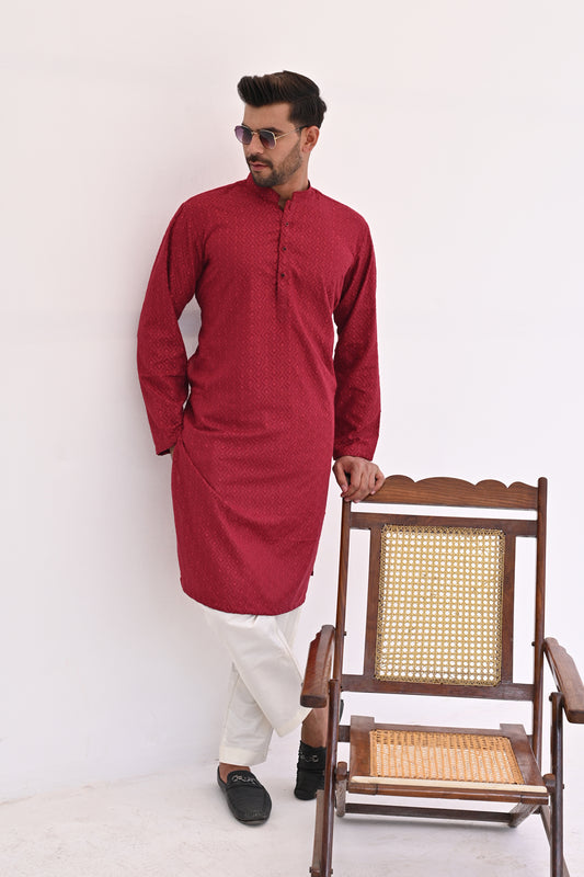 Maroon Flame Chikankari Kurta Pajama