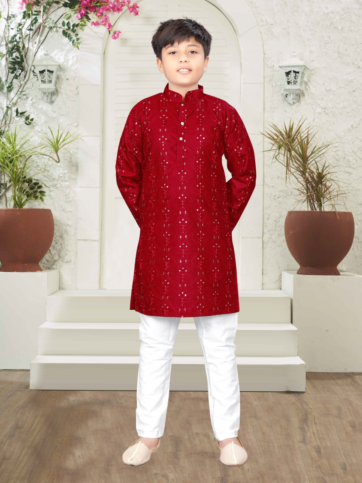 Red Dusk Sequins Boys Kurta Pajama