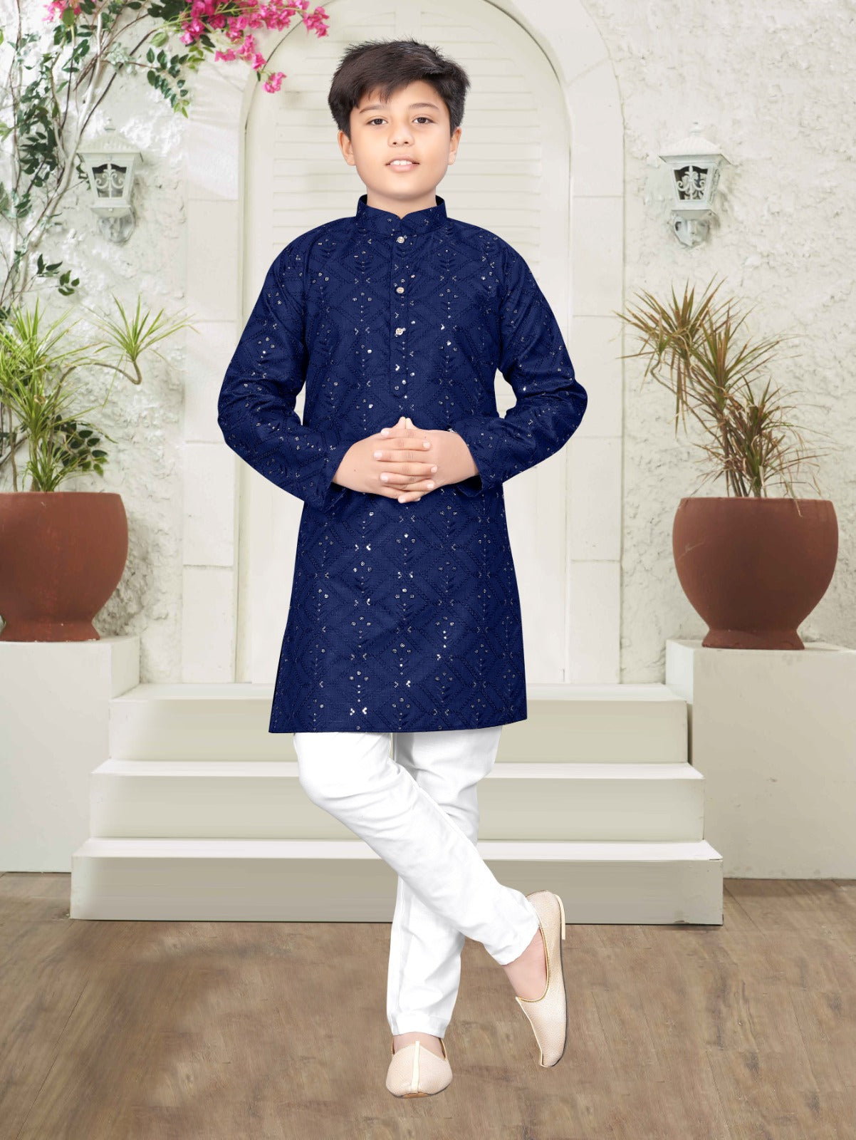 Royal Blue Azure Sequins Boys Kurta Pajama