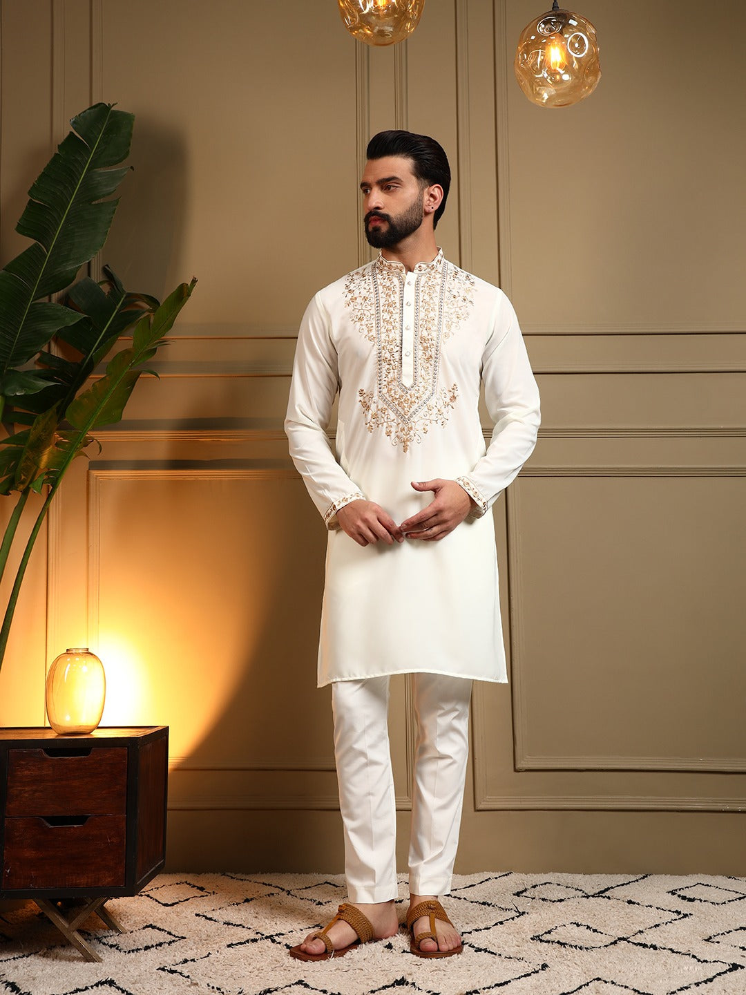 White Gold Line Kurta Pajama