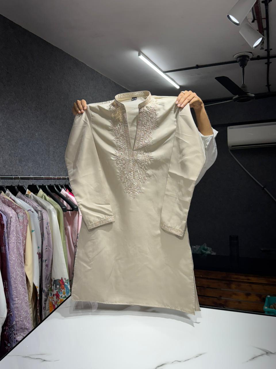 Light Gold Glow Sequin V-Line Kurta Pajama