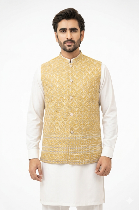 Light Mustard Yellow Sequins Waistcoat