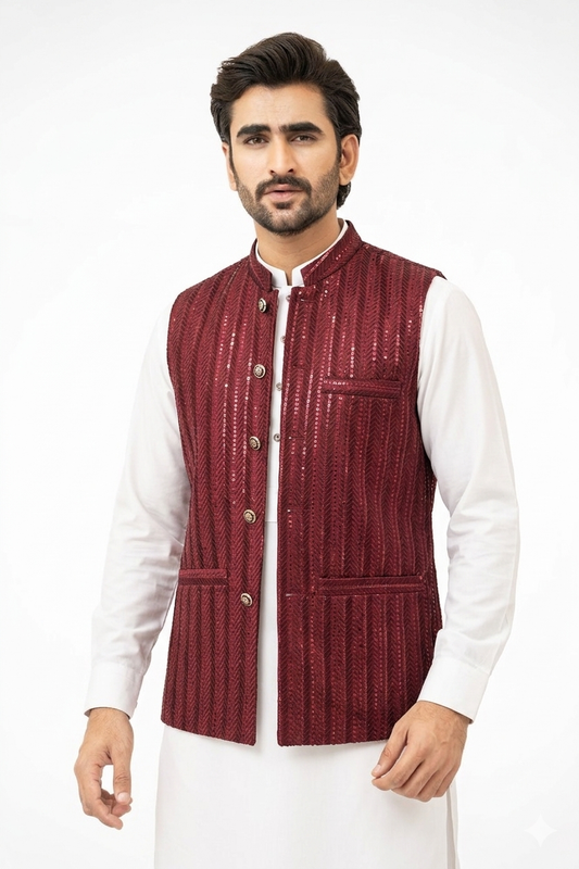 Red Maroon Sequins Waistcoat