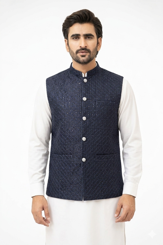 Navy Blue Sequins Waistcoat