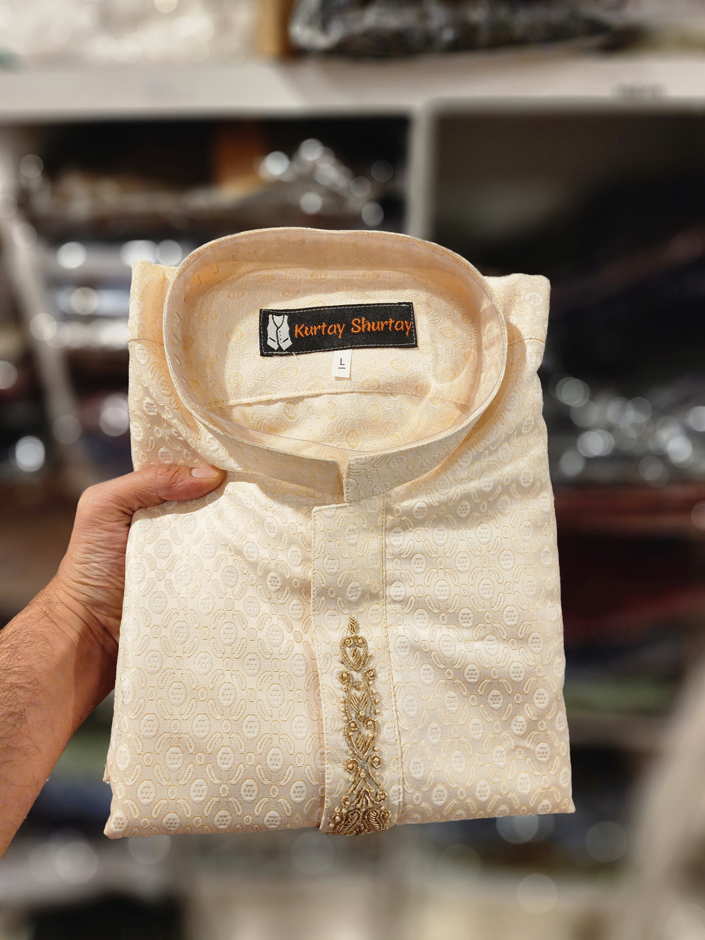 Cream Gold Jamawar Kurta Pajama