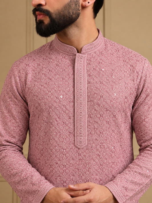 Pink Rose Sequins Kurta Pajama