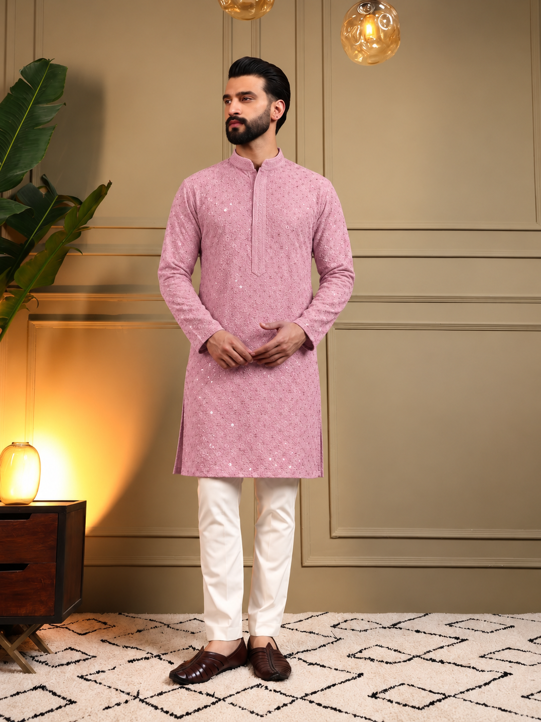 Pink Rose Sequins Kurta Pajama