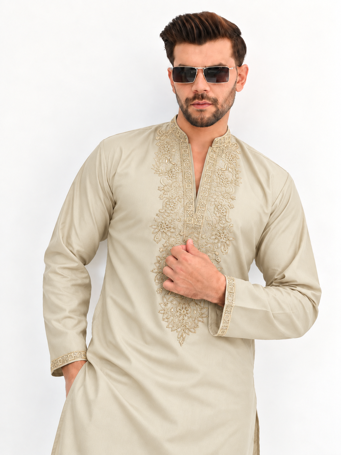 Light Gold Glow Sequin V-Line Kurta Pajama
