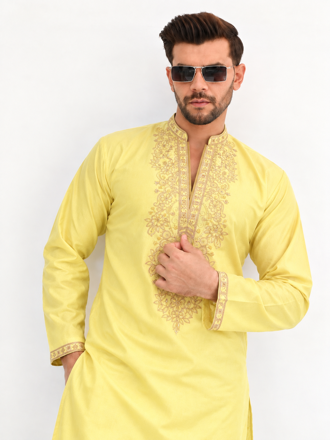 Buttercream Yellow Sequin V-Line Kurta Pajama