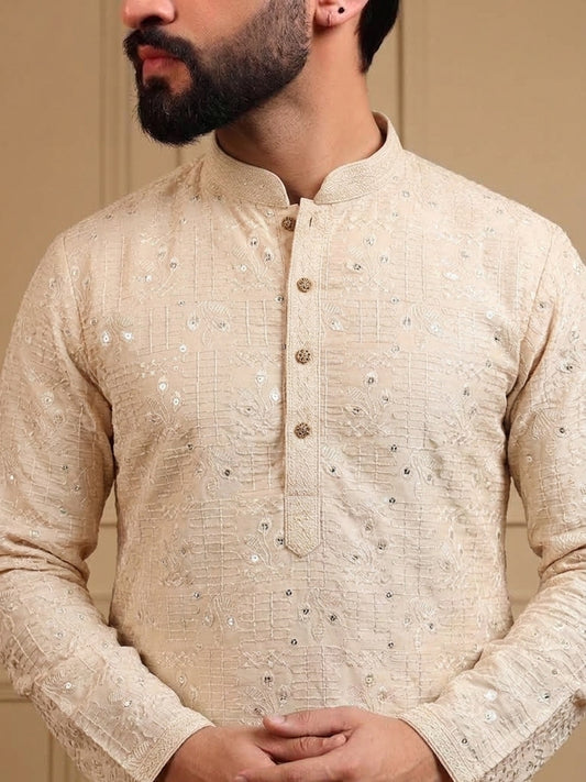 Beige Glow Sequins Kurta Pajama