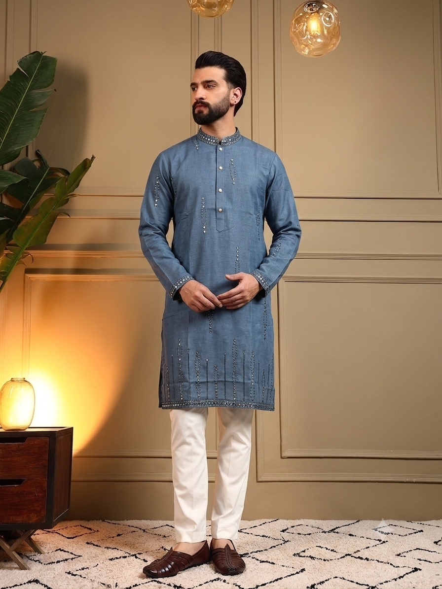 Blue Elegance Mirror-work Kurta Pajama