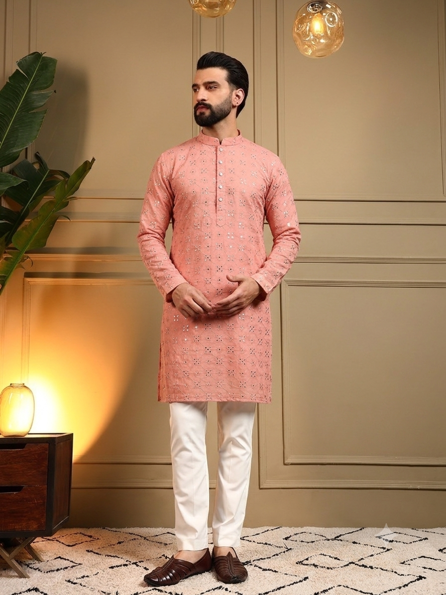 Peach-Pink Mirror-work Kurta Pajama