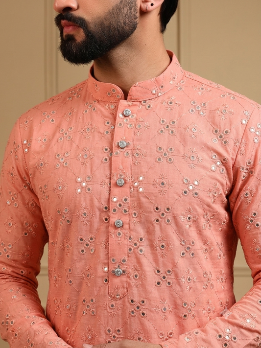 Peach-Pink Mirror-work Kurta Pajama