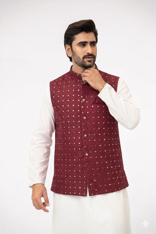Maroon Red Mirror Waistcoat