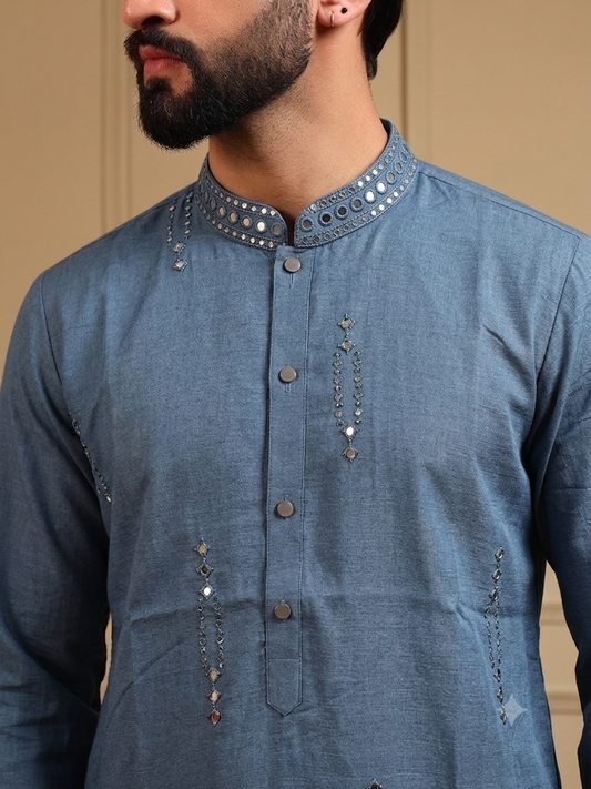 Blue Elegance Mirror-work Kurta Pajama