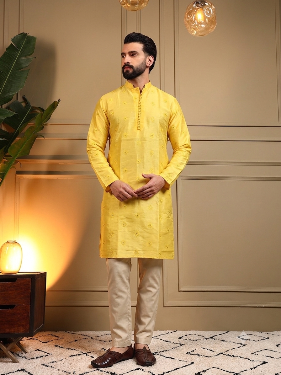 yellow sequins-detailed Kurta Pajama