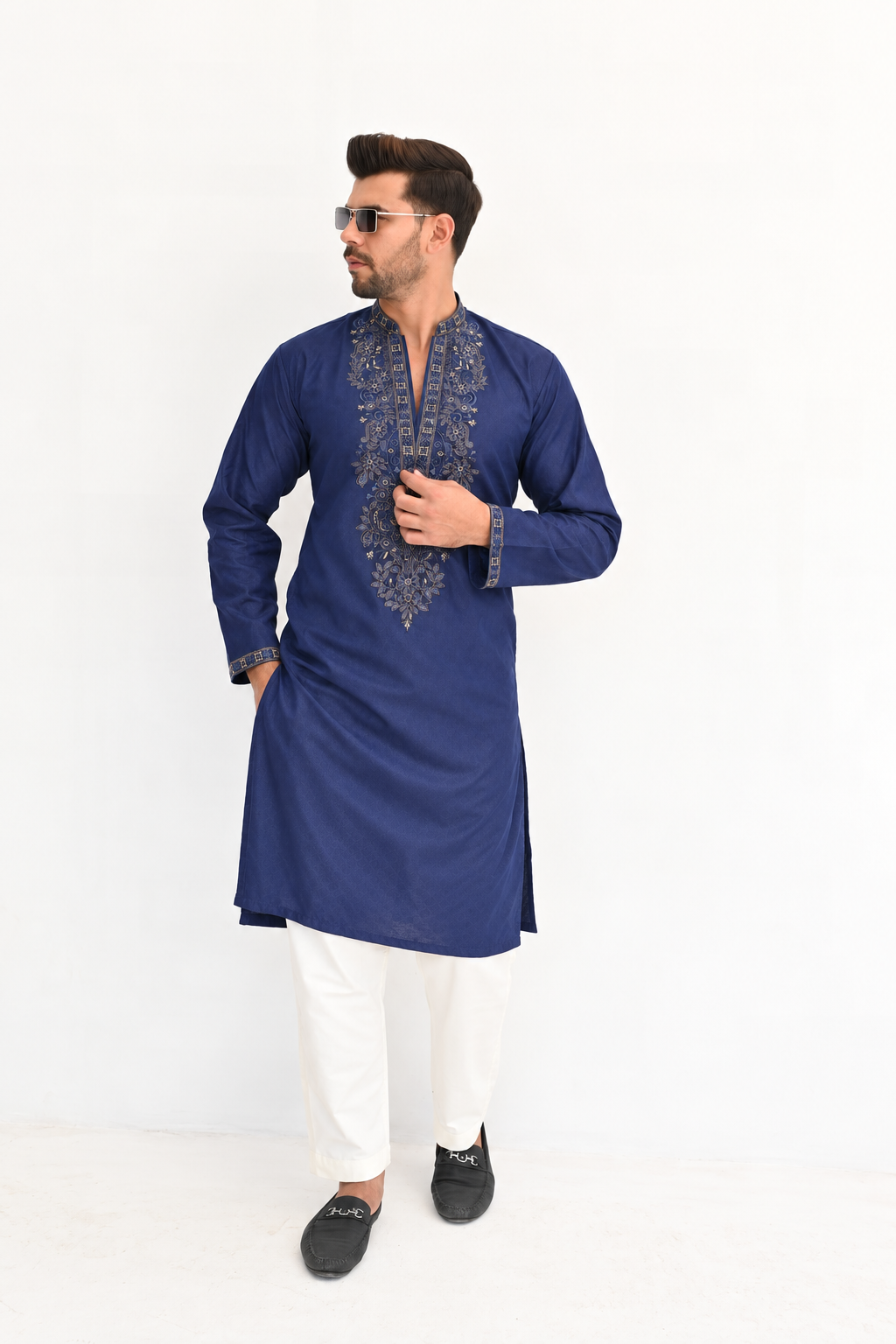 Midnight Blue Sequin V-Line Kurta Pajama