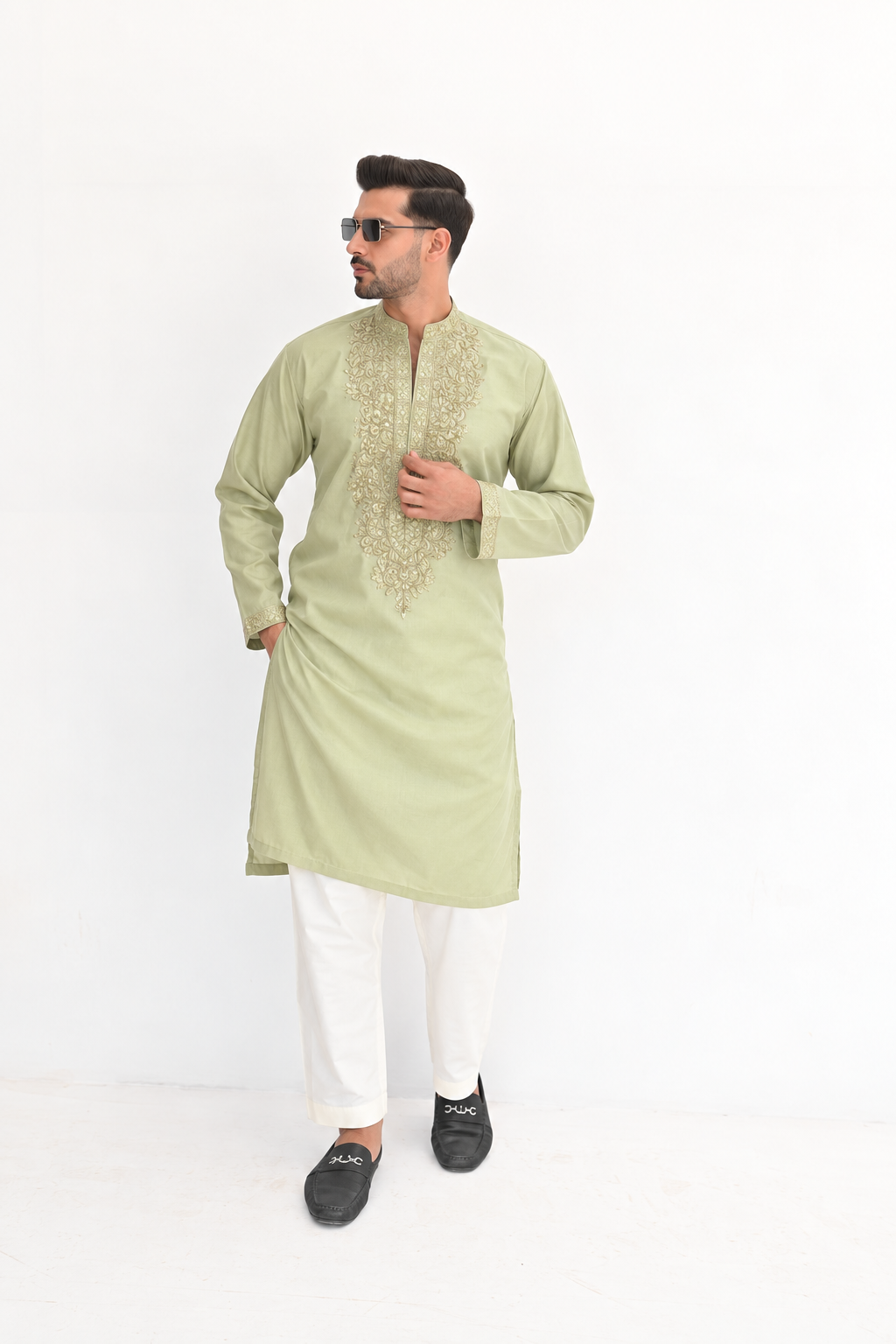 Pistachio Green Sequin V-Line Kurta Pajama
