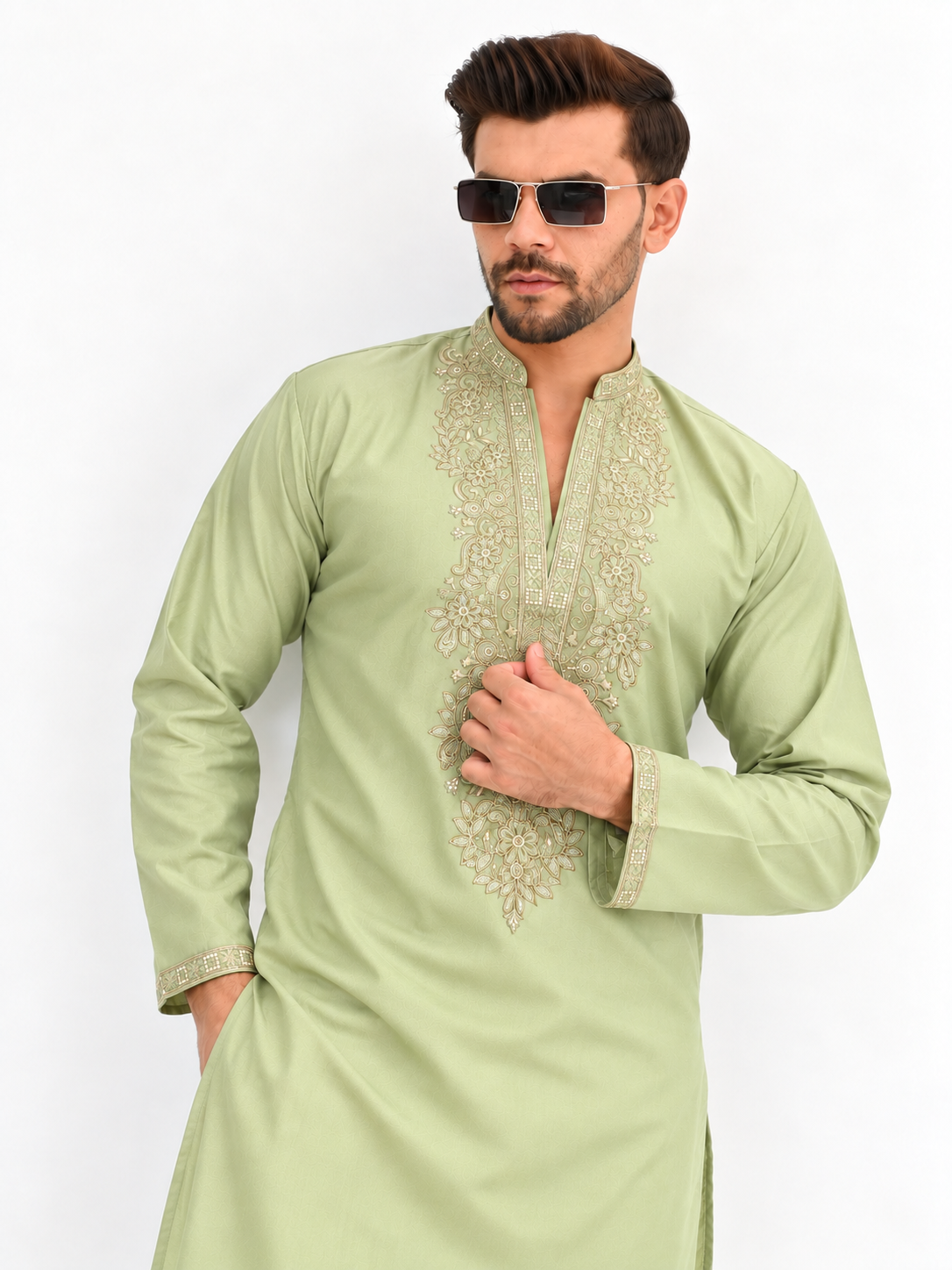 Pistachio Green Sequin V-Line Kurta Pajama