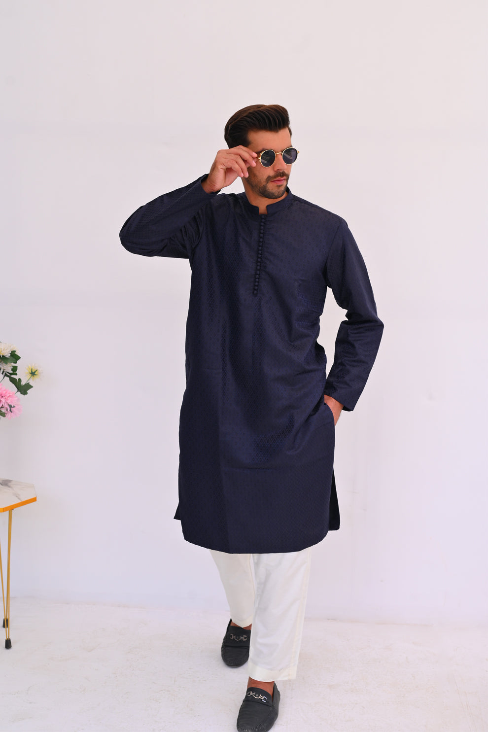 Navy Drip Jamawar Kurta Pajama