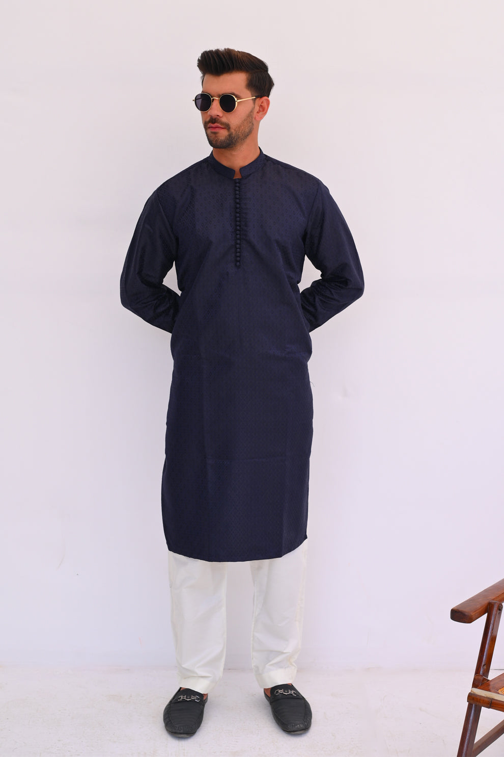 Navy Drip Jamawar Kurta Pajama