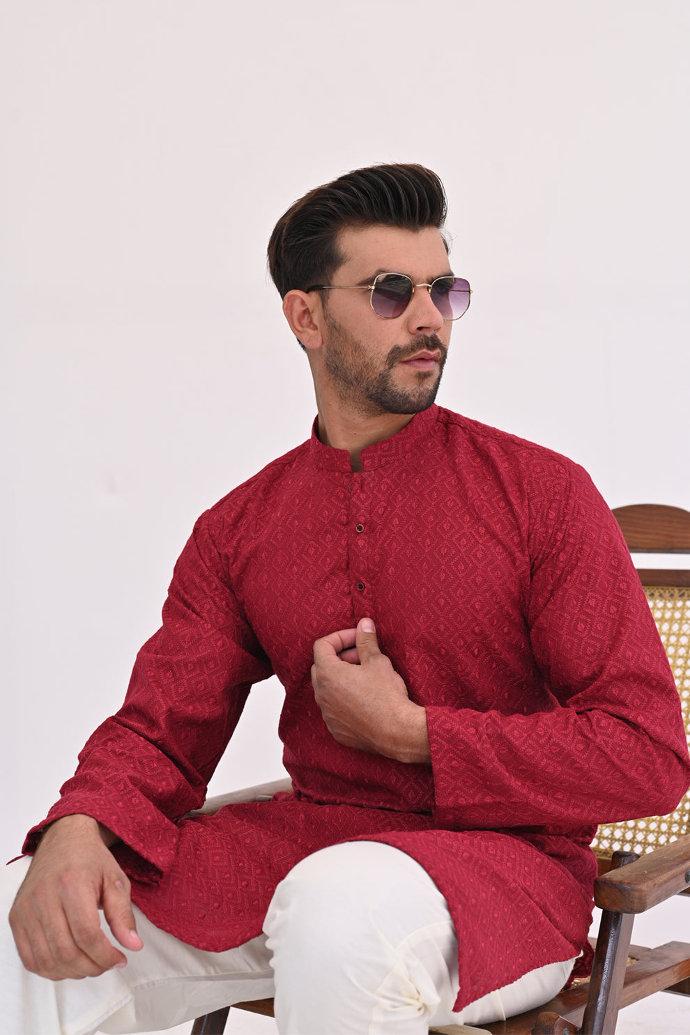 Maroon Flame Chikankari Kurta Pajama