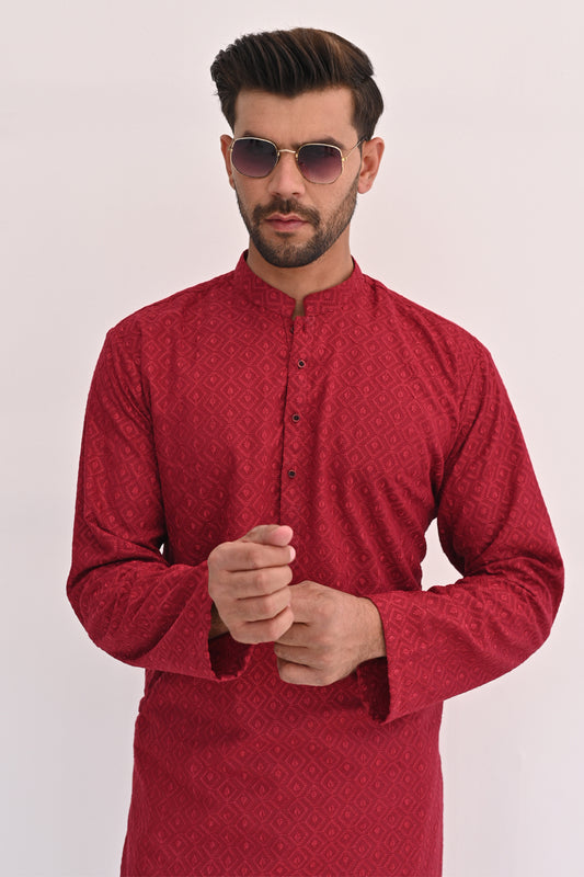 Maroon Flame Chikankari Kurta Pajama