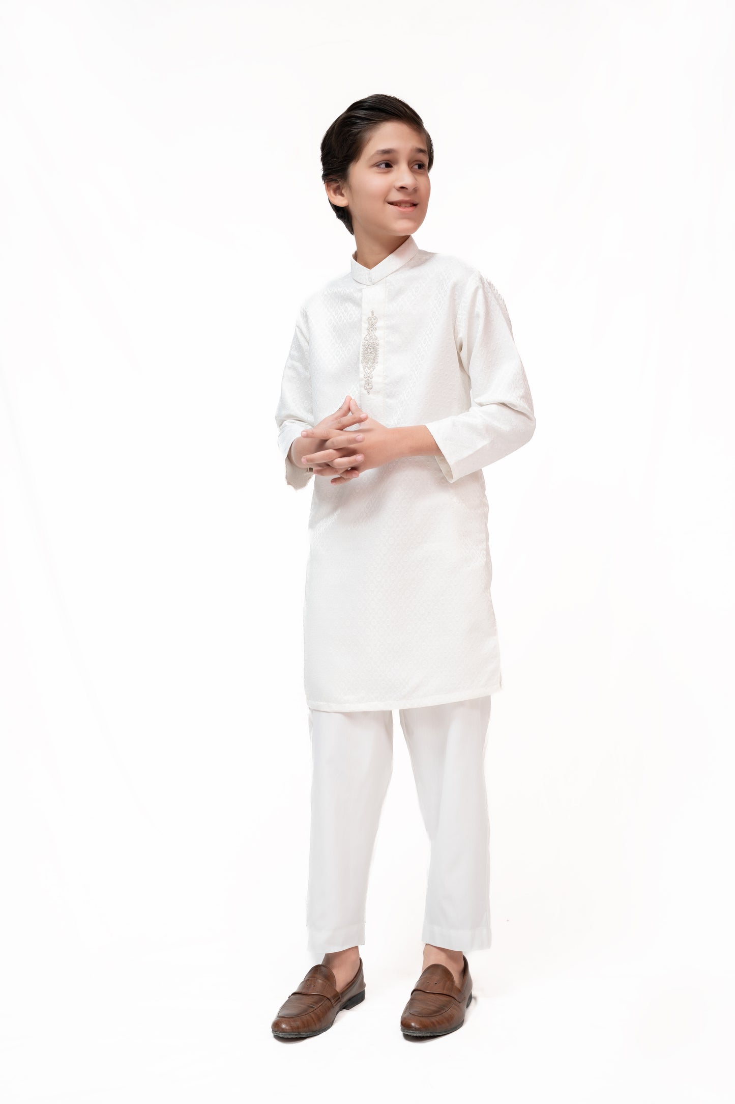 Safed White Boys Jamawar Kurta Pajama