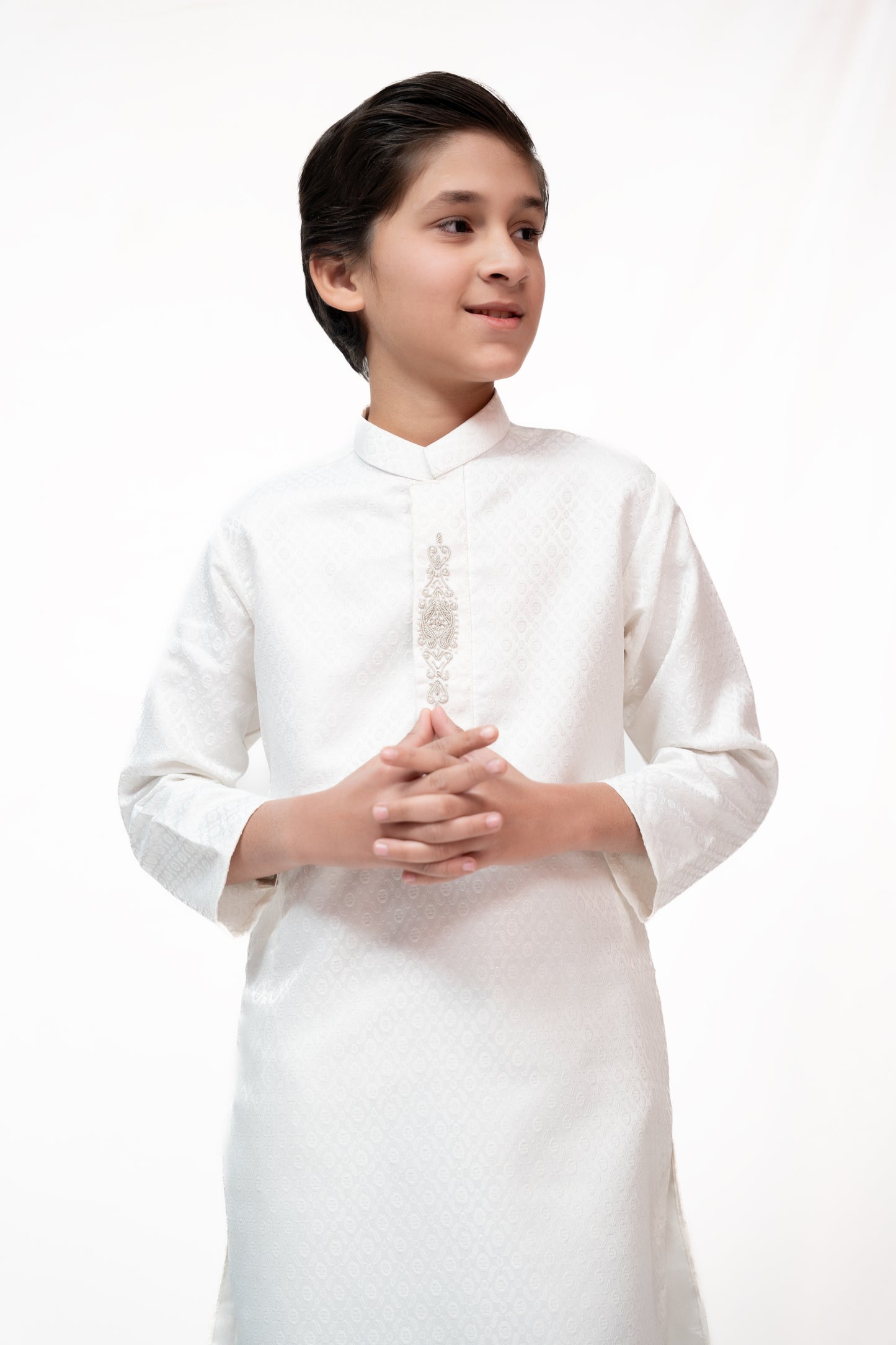 Safed White Boys Jamawar Kurta Pajama