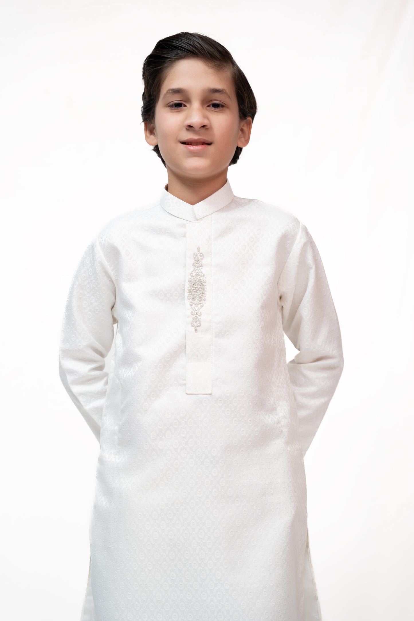 Safed White Boys Jamawar Kurta Pajama