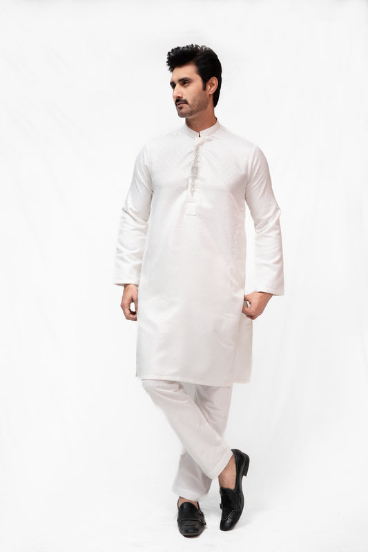 Safed White Jamawar Kurta Pajama