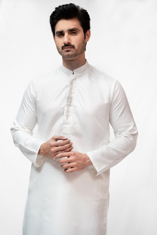 Safed White Jamawar Kurta Pajama
