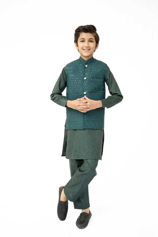 Green Sequins Boys Waistcoat