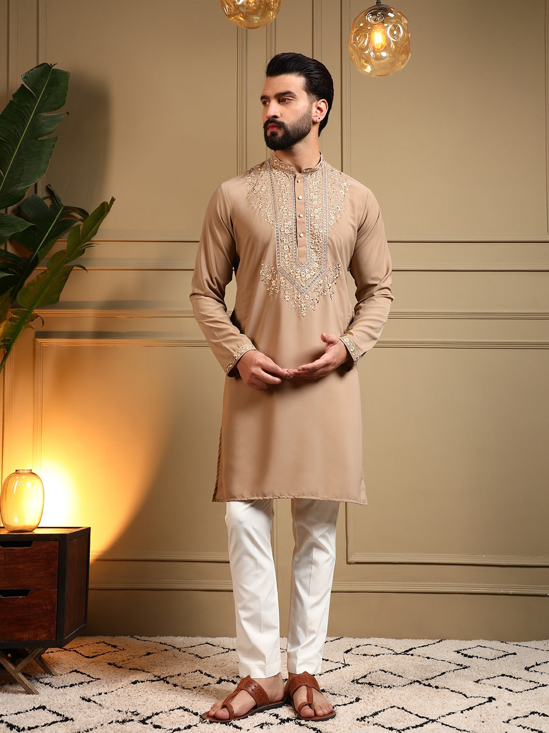 Beige Line Kurta Pajama