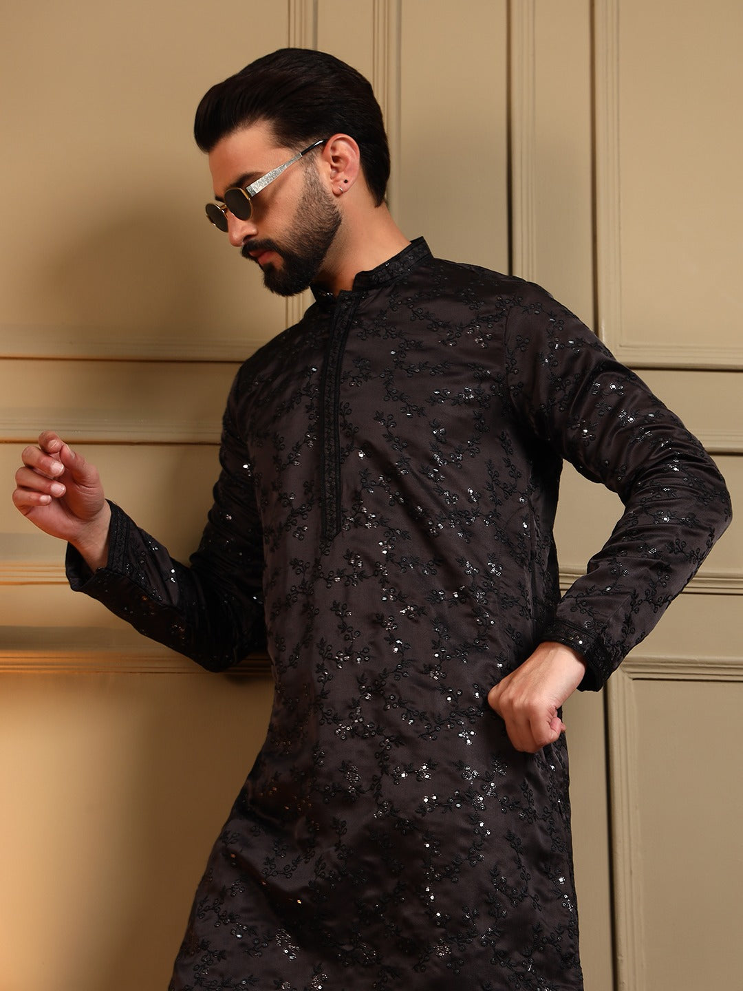 Royal Silk Black sequence Kurta Pajama