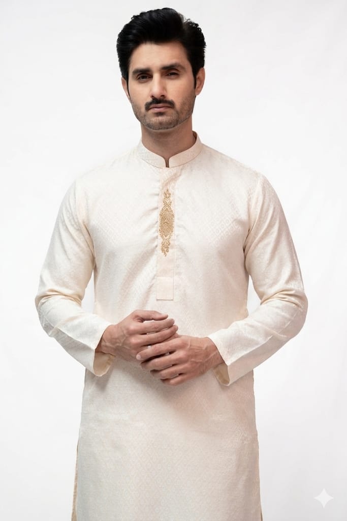 Cream Gold Jamawar Kurta Pajama