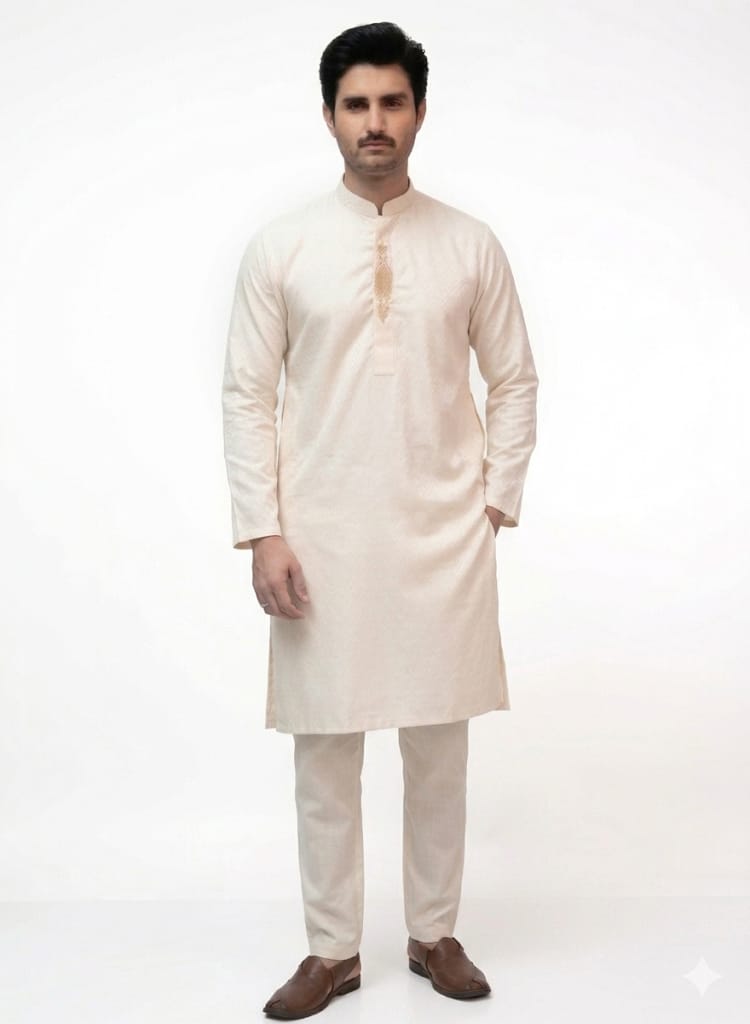 Cream Gold Jamawar Kurta Pajama