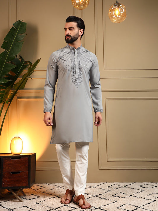 Grey Mirror-work Kurta Pajama