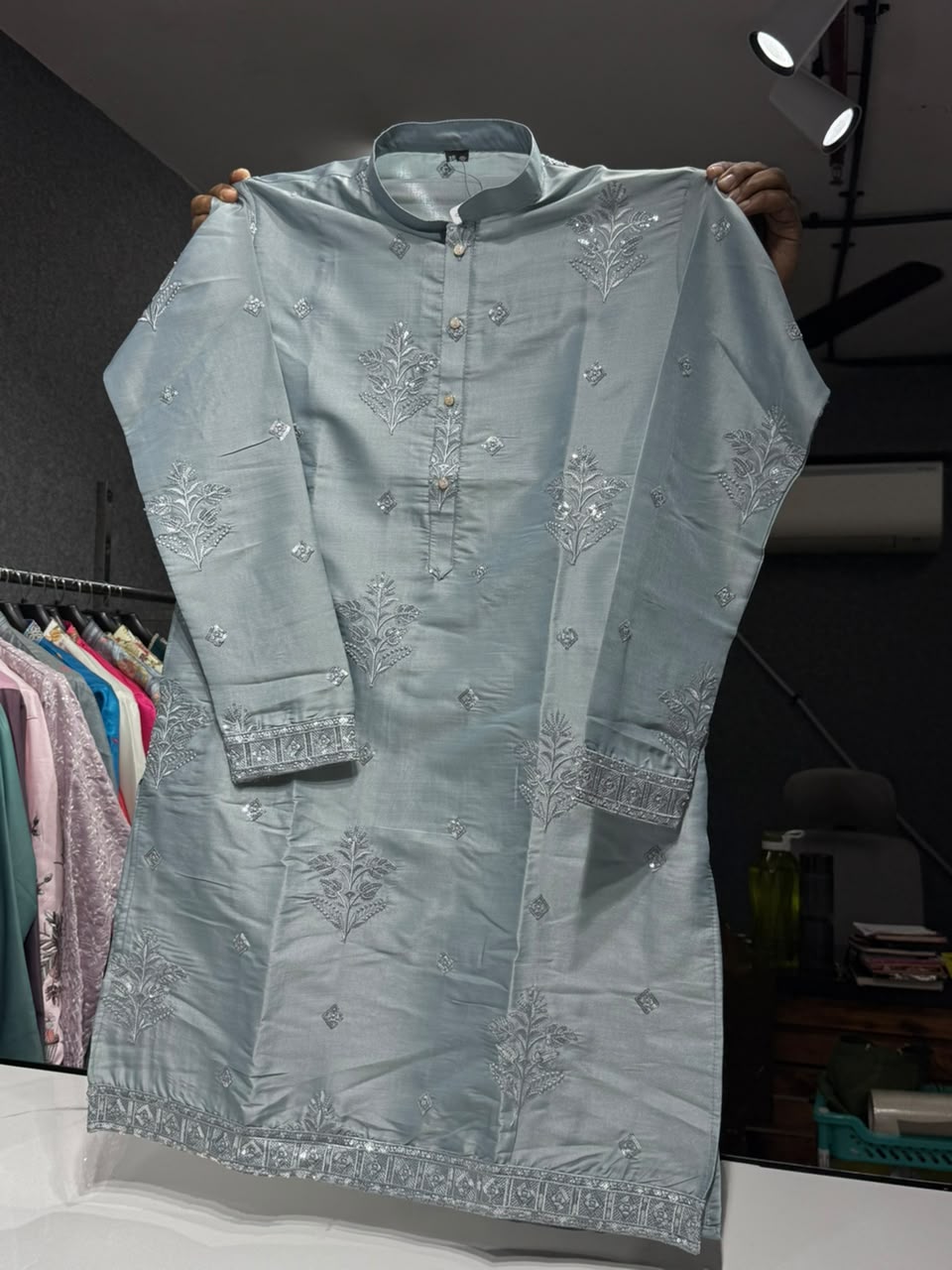 Pastel Blue Sequins Kurta Pajama