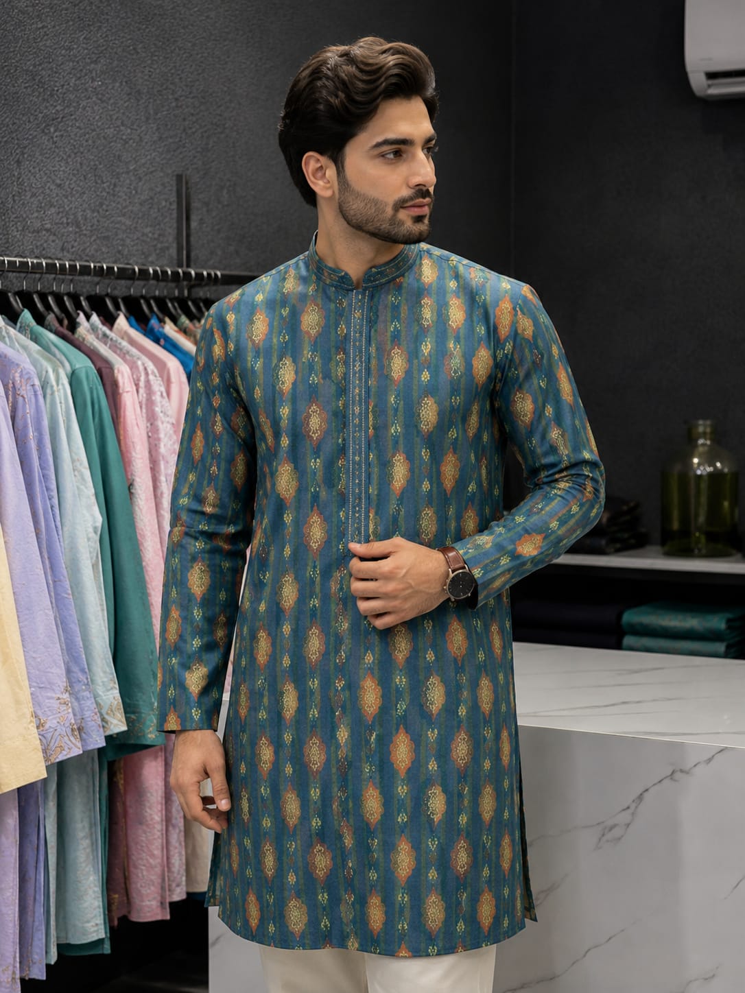 Teal Motif Kurta Pajama