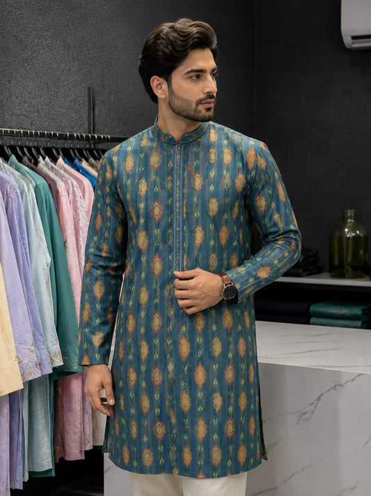 Teal Motif Kurta Pajama