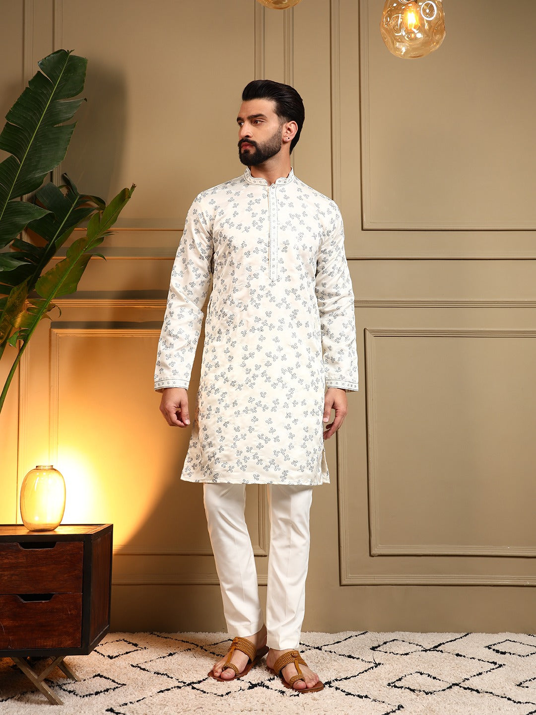 Royal Silk White & Black sequence Kurta Pajama