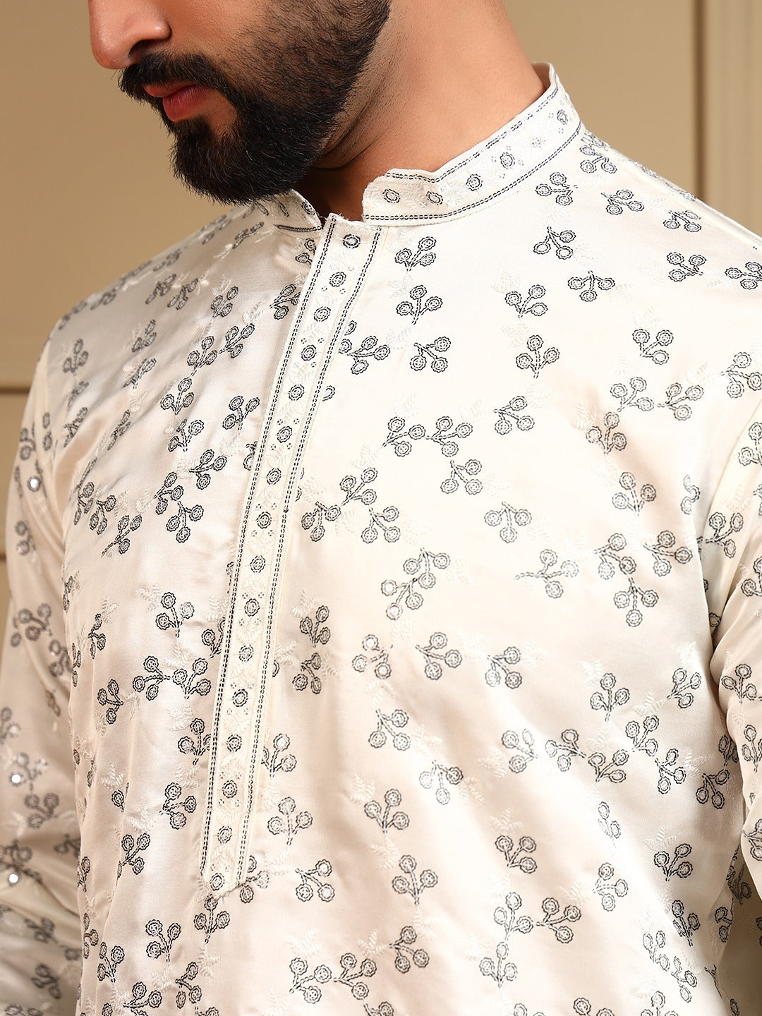 Royal Silk White & Black sequence Kurta Pajama