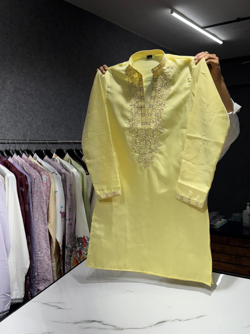 Buttercream Yellow Sequin V-Line Kurta Pajama