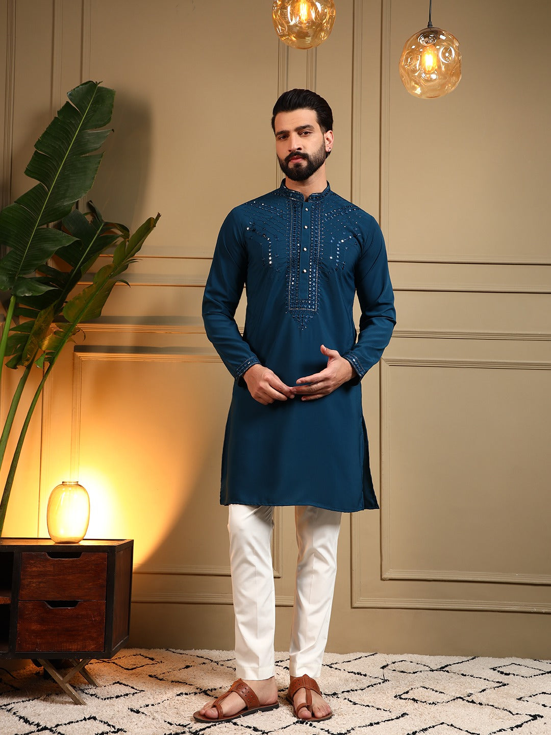 Dark Blue Mirror-work Kurta Pajama