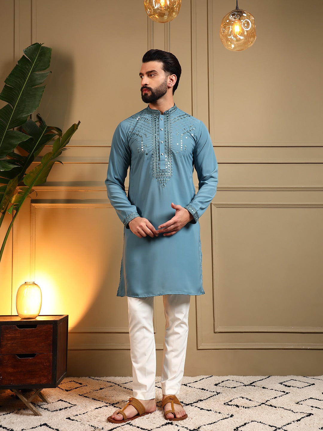 Light Blue Mirror-work Kurta Pajama